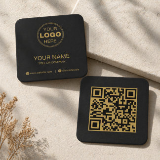 Cartão De Visita Quadrado Código QR Minimalista Ouro Preto Moderno