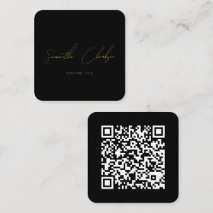 Cartão De Visita Quadrado Código QR Minimalista Preto e Dourado Letra Manusc