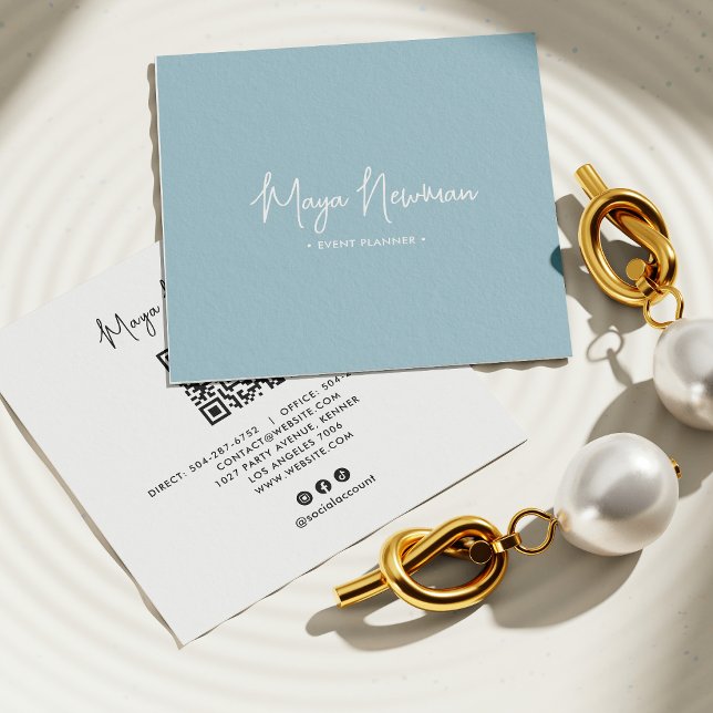 Cartão De Visita Quadrado Código QR Mínimo do CHIC Moderno AZUL DUSTY (Criador carregado)