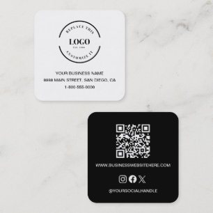 Cartão De Visita Quadrado Código QR moderno de marca comercial preto e branc