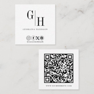 Cartão De Visita Quadrado Código QR Monograma Preto Branco Minimalista
