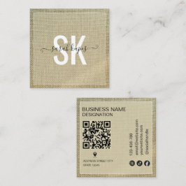 Cartão De Visita Quadrado Código QR Monograma Rústico em Linho Bege