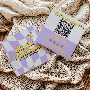 Cartão De Visita Quadrado Código QR Negrito Retro Groovy Xadrez Boho Funky