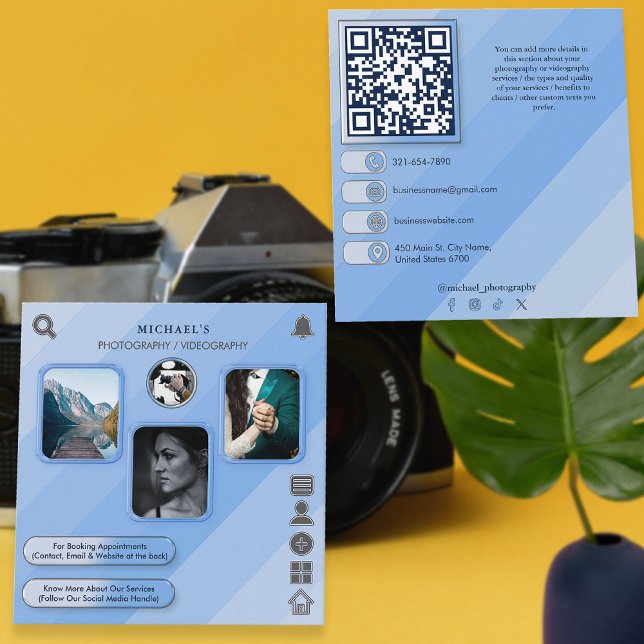 Cartão De Visita Quadrado Código QR Personalizado de Fotografia Azul legal e (Criador carregado)
