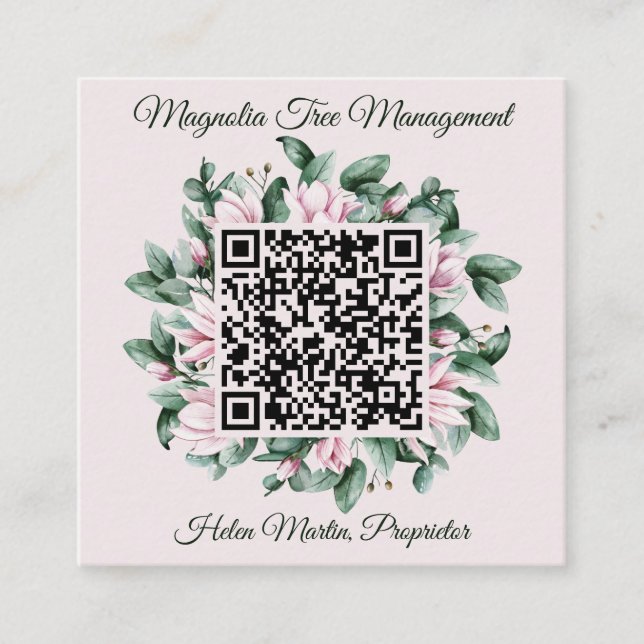 Cartão De Visita Quadrado Código QR Personalizado Magnolia Quadro Flor (Frente)