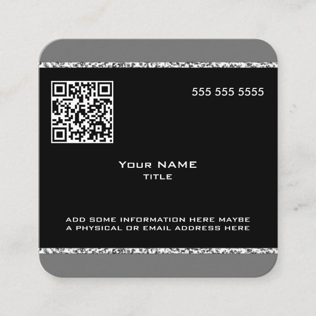 Cartão De Visita Quadrado Código QR personalizado mármore preto e Cinza (Frente)