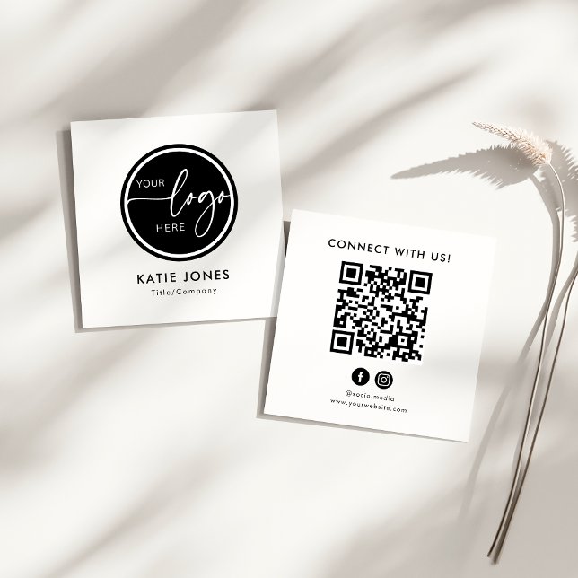Cartão De Visita Quadrado Código QR Preto Branco Logotipo Personalizado Cone (Criador carregado)