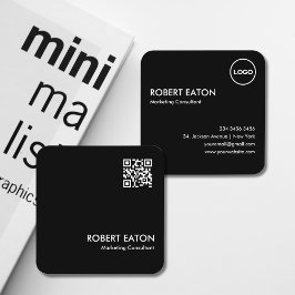 Cartão De Visita Quadrado Código QR preto e branco minimalista moderno