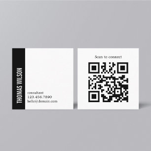 Cartão De Visita Quadrado Código QR preto e branco ousado e moderno para con