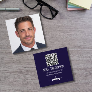Cartão De Visita Quadrado Código QR Profissional de Foto Azul Piloto Aviação
