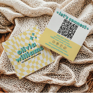 Cartão De Visita Quadrado Código QR Retro Bold Xadrez Groovy Boho Moderno