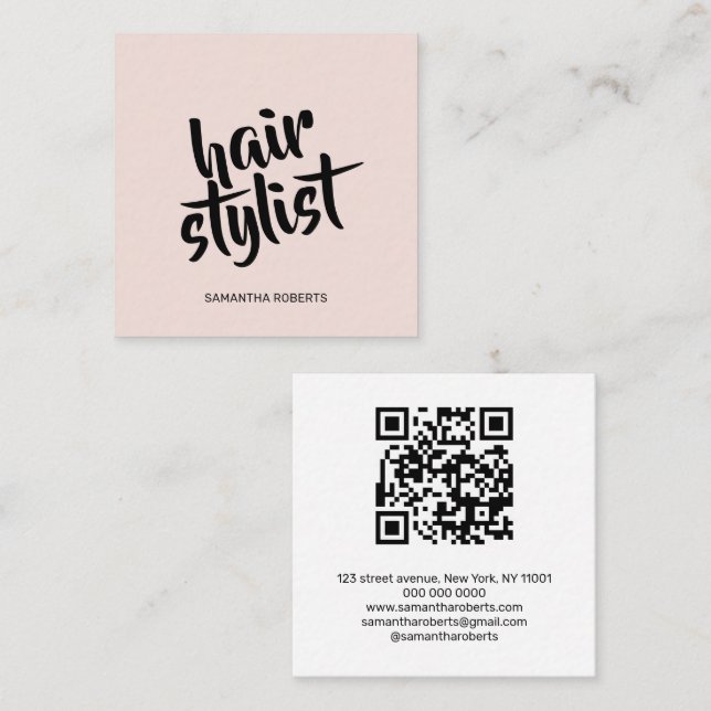 Cartão De Visita Quadrado Código QR rosa blush script de cabeleireiro modern (Frente/Verso)