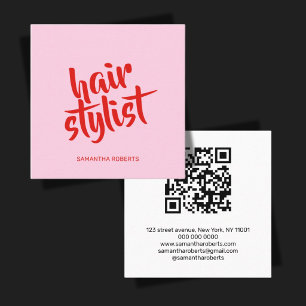 Cartão De Visita Quadrado Código QR rosa vermelho de roteiro de cabeleireiro