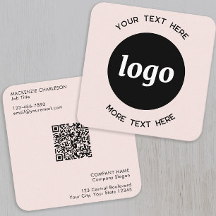 Cartão De Visita Quadrado Código QR Simples de Logo e Texto Rosa Bege