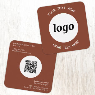 Cartão De Visita Quadrado Código QR Simples de Logo e Texto Terracota