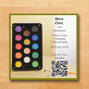 Cartão De Visita Quadrado Código QR Verde Oliva Artista Educador Professor d