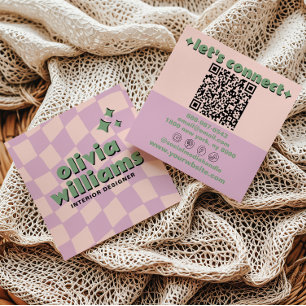 Cartão De Visita Quadrado Código QR Verde Rosa Retro Xadrez Groovy Feminino