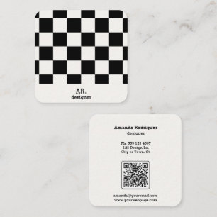 Cartão De Visita Quadrado Código QR Xadrez Preto e Branco Moderno