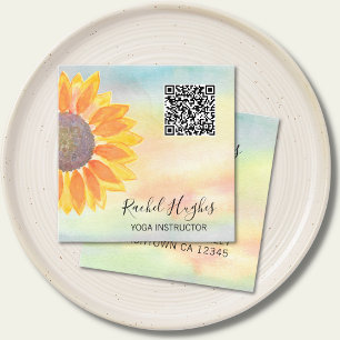Cartão De Visita Quadrado Código QR Yoga Instrutor Sunflower Watercolor