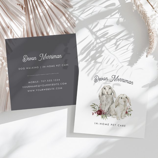 Cartão De Visita Quadrado Coelhinhos Florais De Aquarelas | Pet Care (Criador carregado)