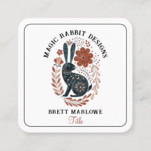 Cartão De Visita Quadrado Coelho Negro de Arte Folclar de Madeira Ilustrado