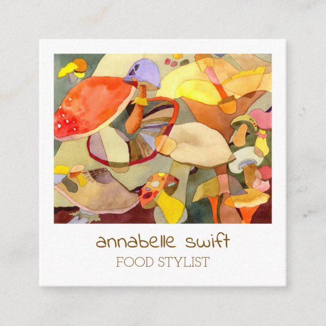 Cartão De Visita Quadrado Cogumelos Aquarela Comida Stylist (Frente)
