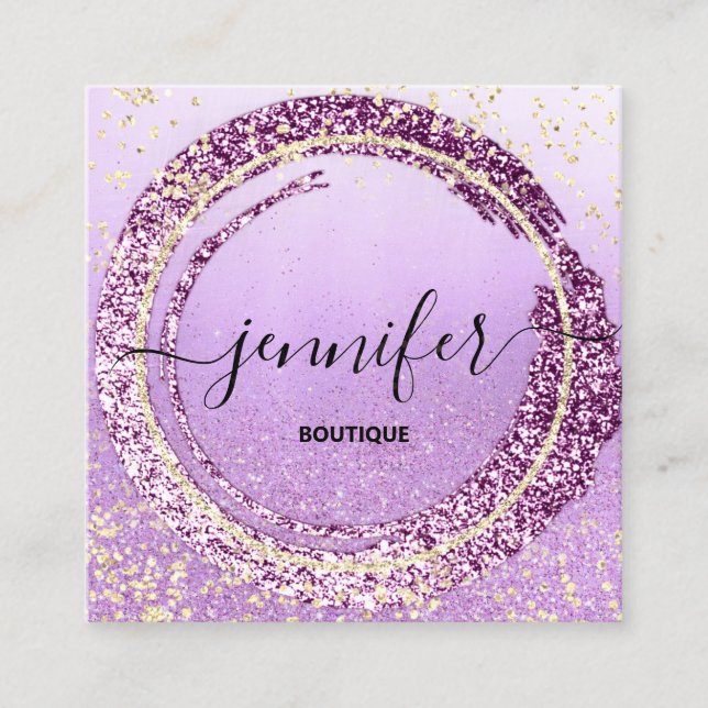 Cartão De Visita Quadrado Compro Boutique Profissional - Brilho Roxo Dourado (Frente)