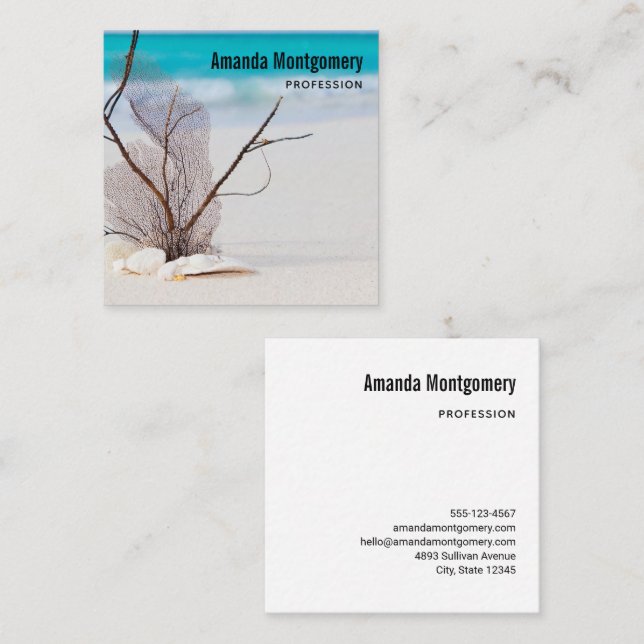 Cartão De Visita Quadrado Conchas em uma foto de praia arenosa (Frente/Verso)