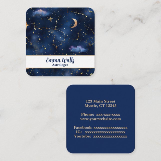 Cartão De Visita Quadrado Constelações e estrelas (Frente/Verso)