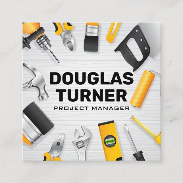 Cartão De Visita Quadrado Construindo ferramentas na Mesa do Wooden (Frente)