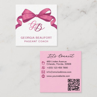 Cartão De Visita Quadrado Coquette Fuchsia Bow Monogram Beauty QR Code