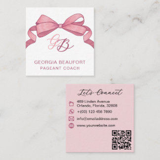 Cartão De Visita Quadrado Coquette Pink Bow Monogram Beauty QR Code