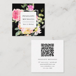 Cartão De Visita Quadrado Cor d'água colorida Floral Código QR Preto