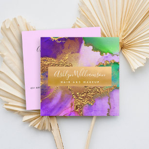 Cartão De Visita Quadrado Cor d'água do mármore moderna verde roxo & aqua