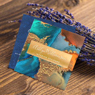 Cartão De Visita Quadrado Cor de água do mármore moderna turquesa laranja