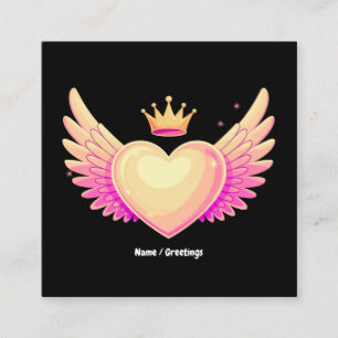 Cartão De Visita Quadrado Coração Anjo com Asas Rosa Legal e Coroa Um Toque
