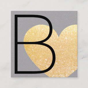 Cartão De Visita Quadrado Coração Dourada, Cinza, Faux moderna e fofa