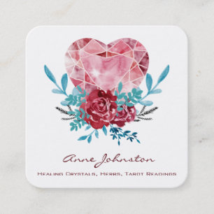 Cartão De Visita Quadrado Coração Rubi Boho Floral Aquarela