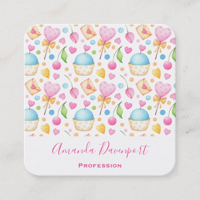 Cartão De Visita Quadrado Corações e Muffins Delicioso Padrão de Aquarela (Frente)