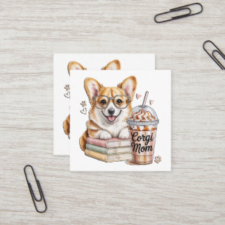 Cartão De Visita Quadrado Corgis Livros e Café Gelado para Cachorro