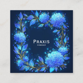 Cartão De Visita Quadrado Coroa de Hydrangea Azul Dourada Floral Meia-Noite