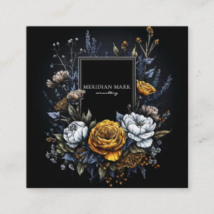 Cartão De Visita Quadrado Coroa Floral Ouro Preto Dark Academia Elegante