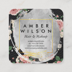 Cartão De Visita Quadrado Couro floral da folha Dourado da aguarela bonita