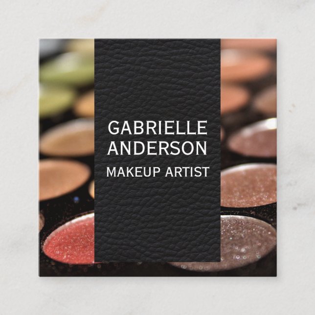 Cartão De Visita Quadrado Couro Preto Elegante | Paleta Makeup (Frente)