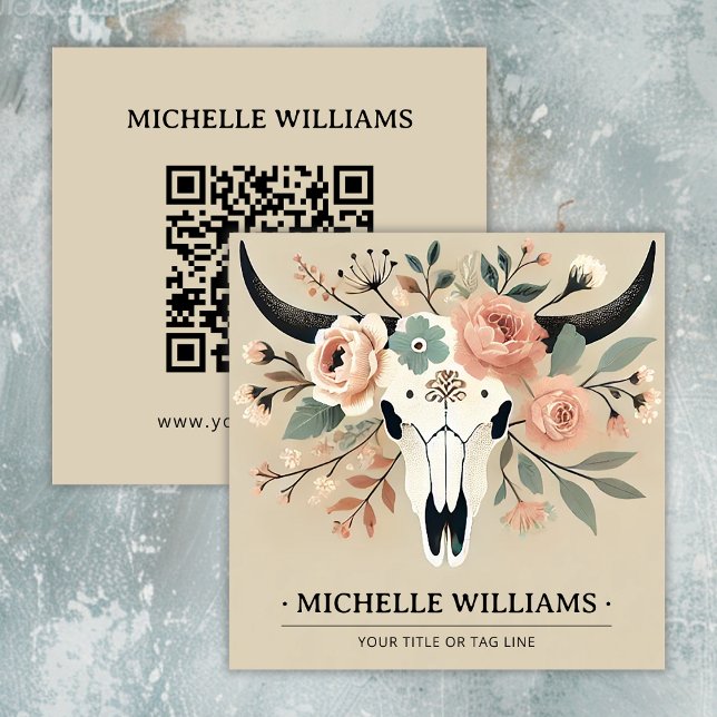 Cartão De Visita Quadrado Crânio de vaca Elegante Boho Ocidental com código  (Elegant Boho Western Bull Cow Skull with QR Code Square Business Card)