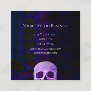 Cartão De Visita Quadrado Crânio Gótico Face Roxo Azul Legal Tatuagem Comp