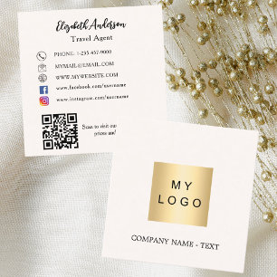 Cartão De Visita Quadrado Cream beige logo QR código social mídia