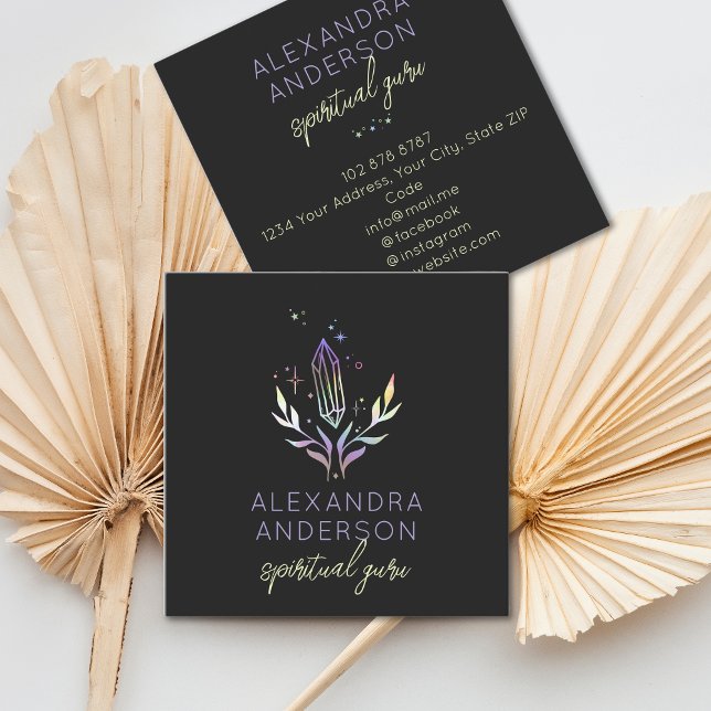 Cartão De Visita Quadrado Cristais Espiritais Holográficos Preto Místico (Holographic Spiritual Crystals Mystic Black Square Business Card)