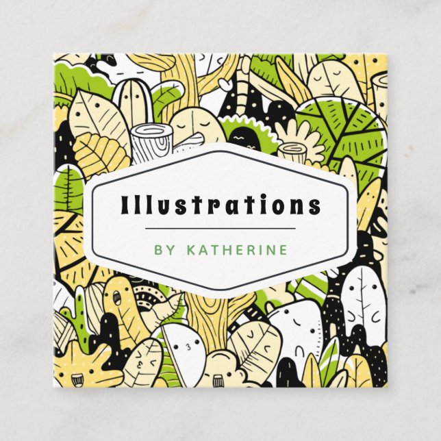 Cartão De Visita Quadrado Cropical Funky Kawaii Forest Graphic Designer Folh (Frente)