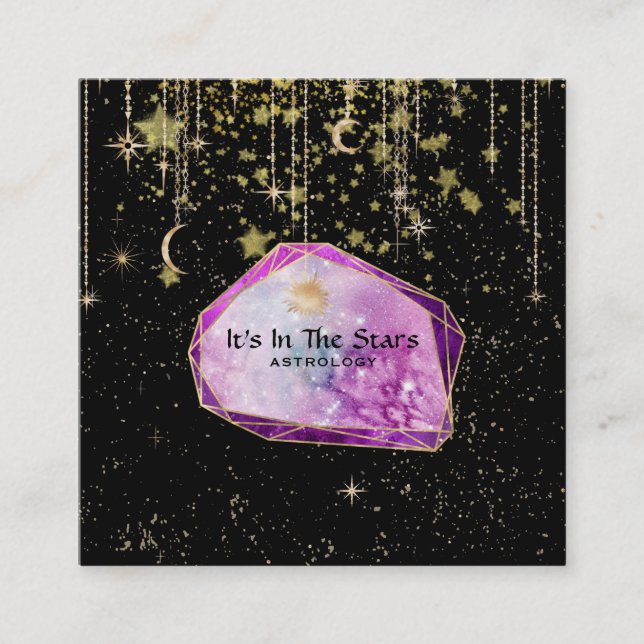 Cartão De Visita Quadrado *~* Crystals Moon Stars Cosmos Astrologia Dourada (Frente)